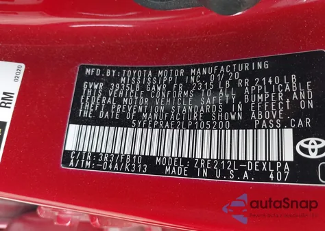 2020 Toyota Corolla Le from USA, damaged, VIN 5YFEPRAE2LP105200